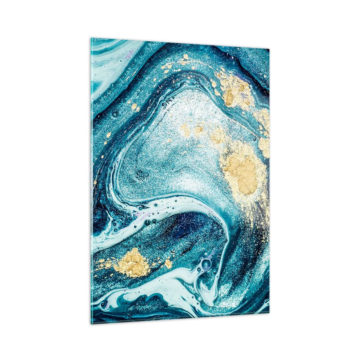 Impression sur verre - Image sur verre - Tourbillons abstraits dans des tons turquoise et or - 50x70cm - Vortex bleu - Décoration murale moderne pour le salon et la chambre ARTTOR