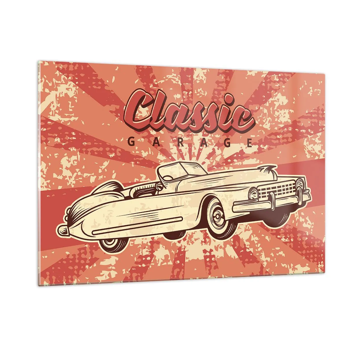 Impression sur verre - Image sur verre - Graphique rétro d'une voiture classique sur fond de rayons - 120x80cm - Et à la radio, Elvis - Décoration murale moderne pour le salon et la chambre ARTTOR
