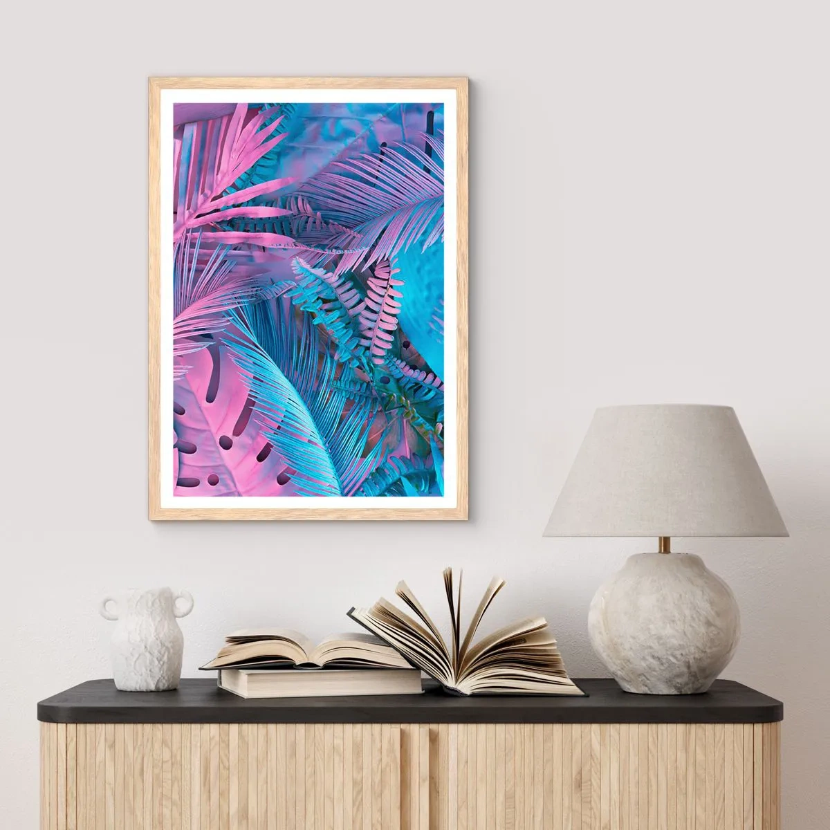 Affiche dans un chêne clair - Poster - Les tropiques en rose et bleu - 61x91 cm
