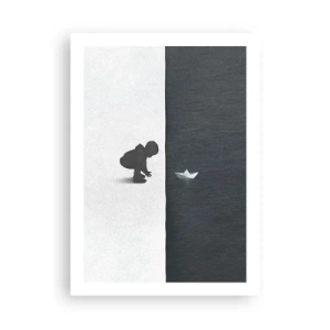 Affiche - Poster - Un enfant penché sur l'eau avec un bateau en papier - 50x70cm - Grande expédition - Décoration murale moderne pour le salon et la chambre ARTTOR