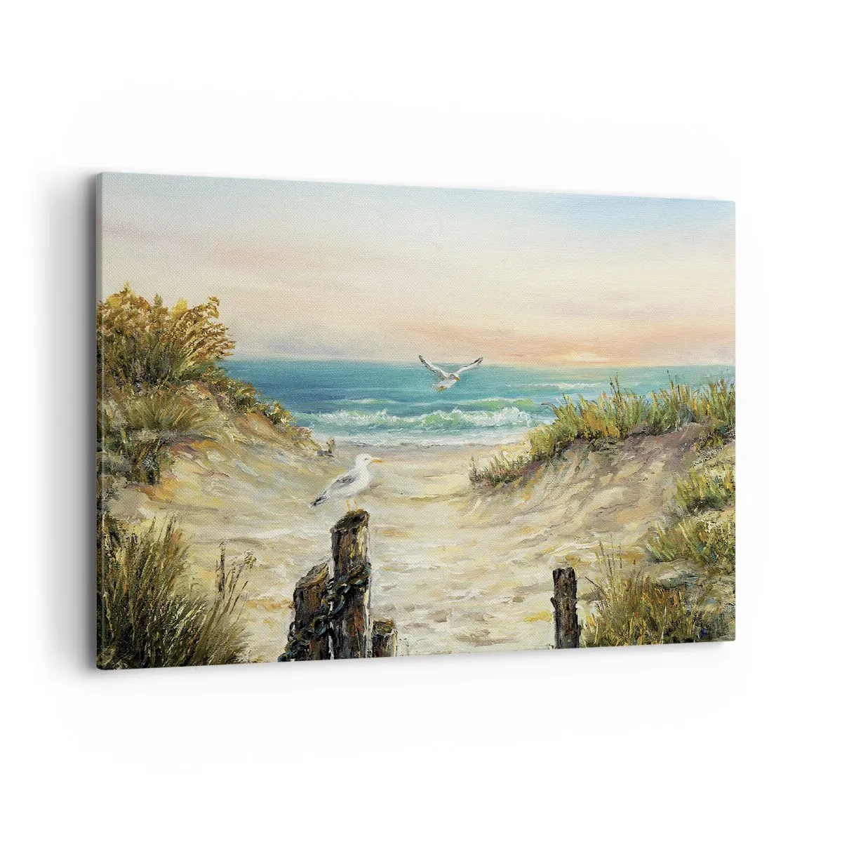 Impression sur toile - Image sur toile - Côte avec mouettes et dunes au coucher du soleil - 100x70cm - Retraite au calme - Décoration murale moderne pour le salon et la chambre ARTTOR