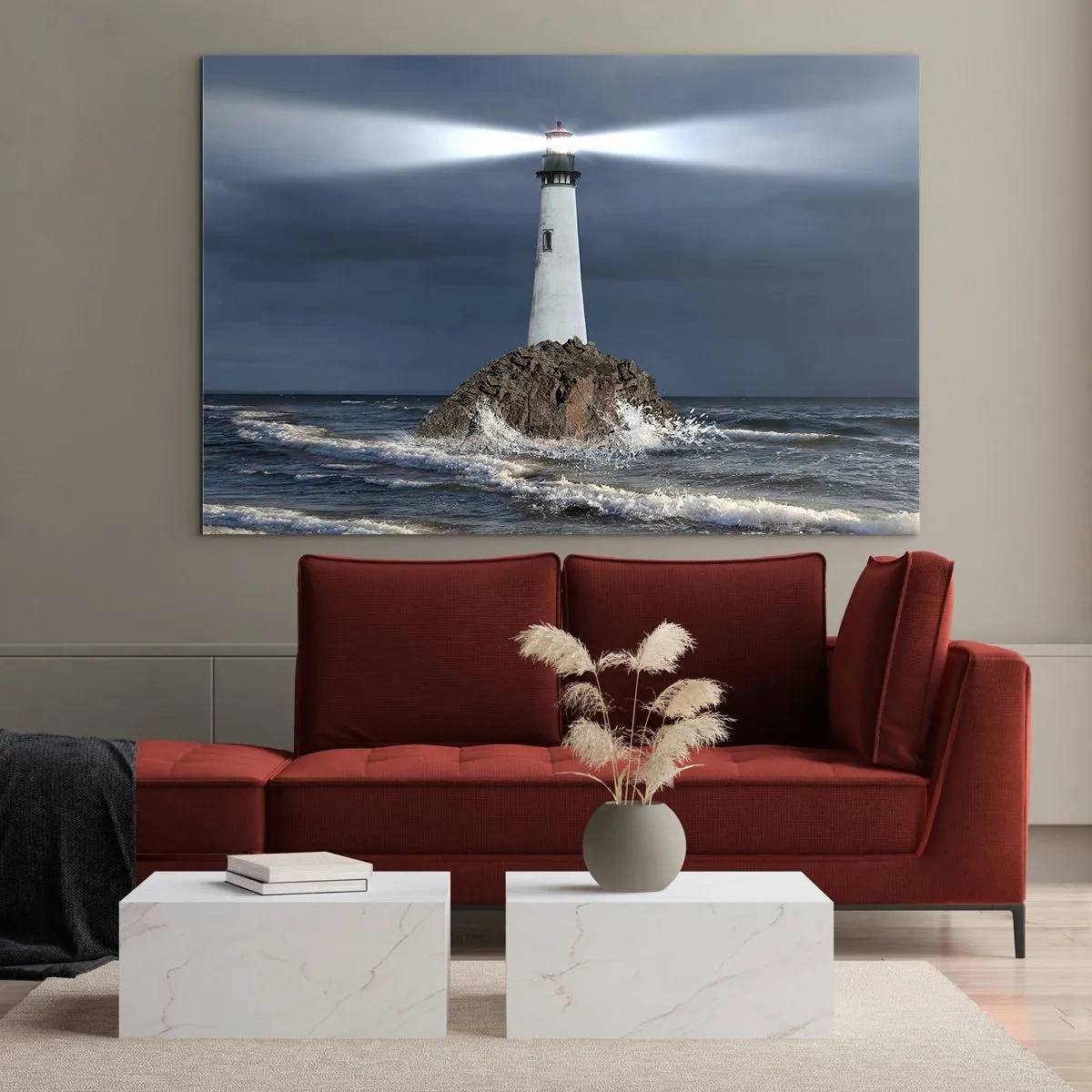 Impression sur verre - Image sur verre - Un phare sur un rocher au milieu des vagues agitées la nuit - 100x70cm - I… i… ici ! - Décoration murale moderne pour le salon et la chambre ARTTOR