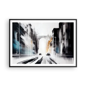 Affiche dans un cadre noir - Poster - Panorama abstrait de la ville avec un pont en arc - 100x70cm - Étude de ville : architecture et mouvement - Décoration murale moderne pour le salon et la chambre ARTTOR