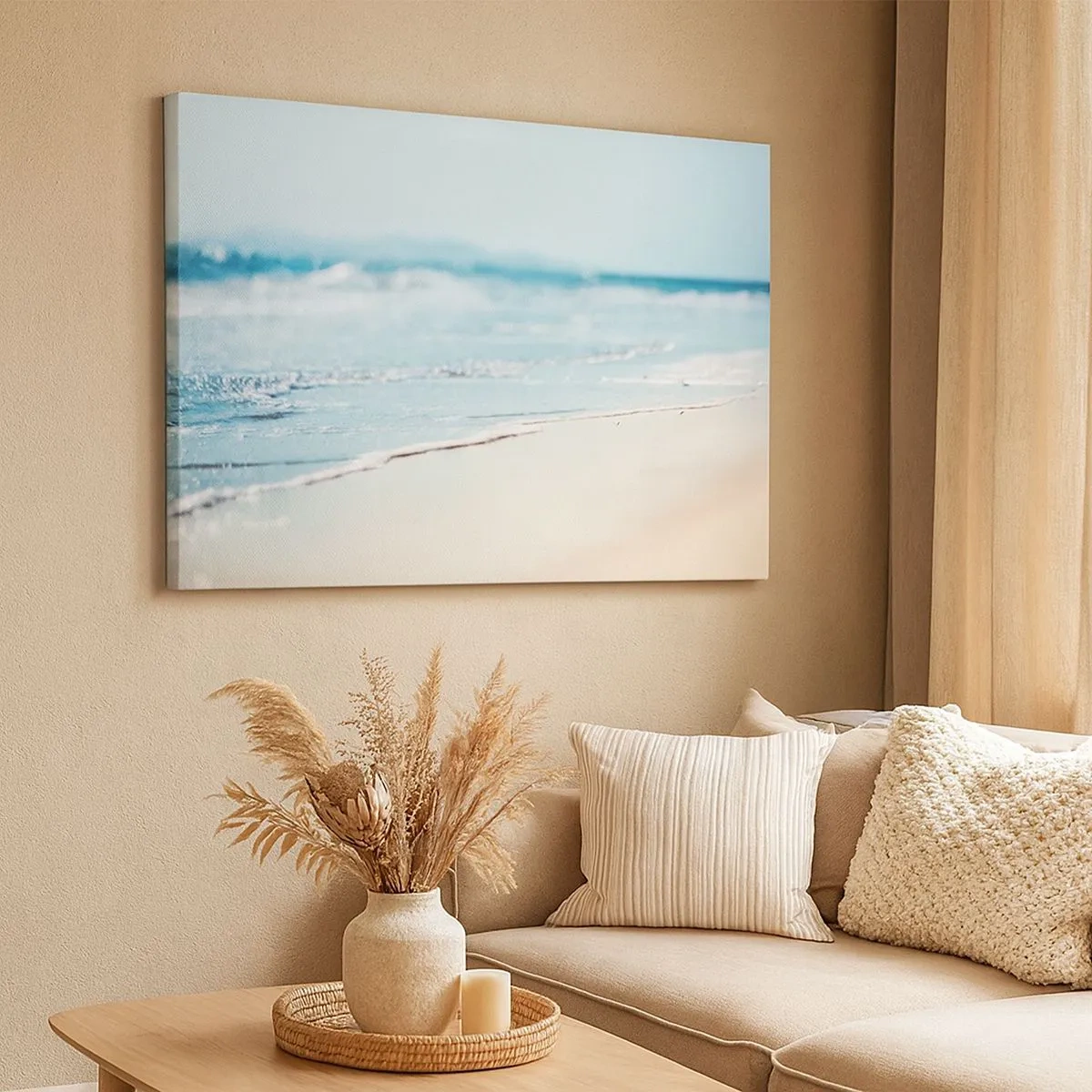Impression sur toile - Image sur toile - Douces vagues de l'océan sur une plage de sable - 70x50cm - Chaleur et bruissement - Décoration murale moderne pour le salon et la chambre ARTTOR