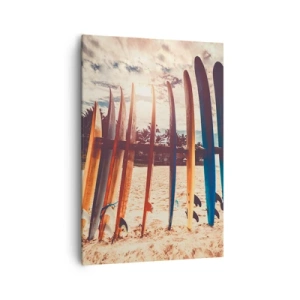 Impression sur toile - Image sur toile - Planches de surf sur la plage au coucher du soleil - 70x100cm - Bonne nuit, à demain - Décoration murale moderne pour le salon et la chambre ARTTOR
