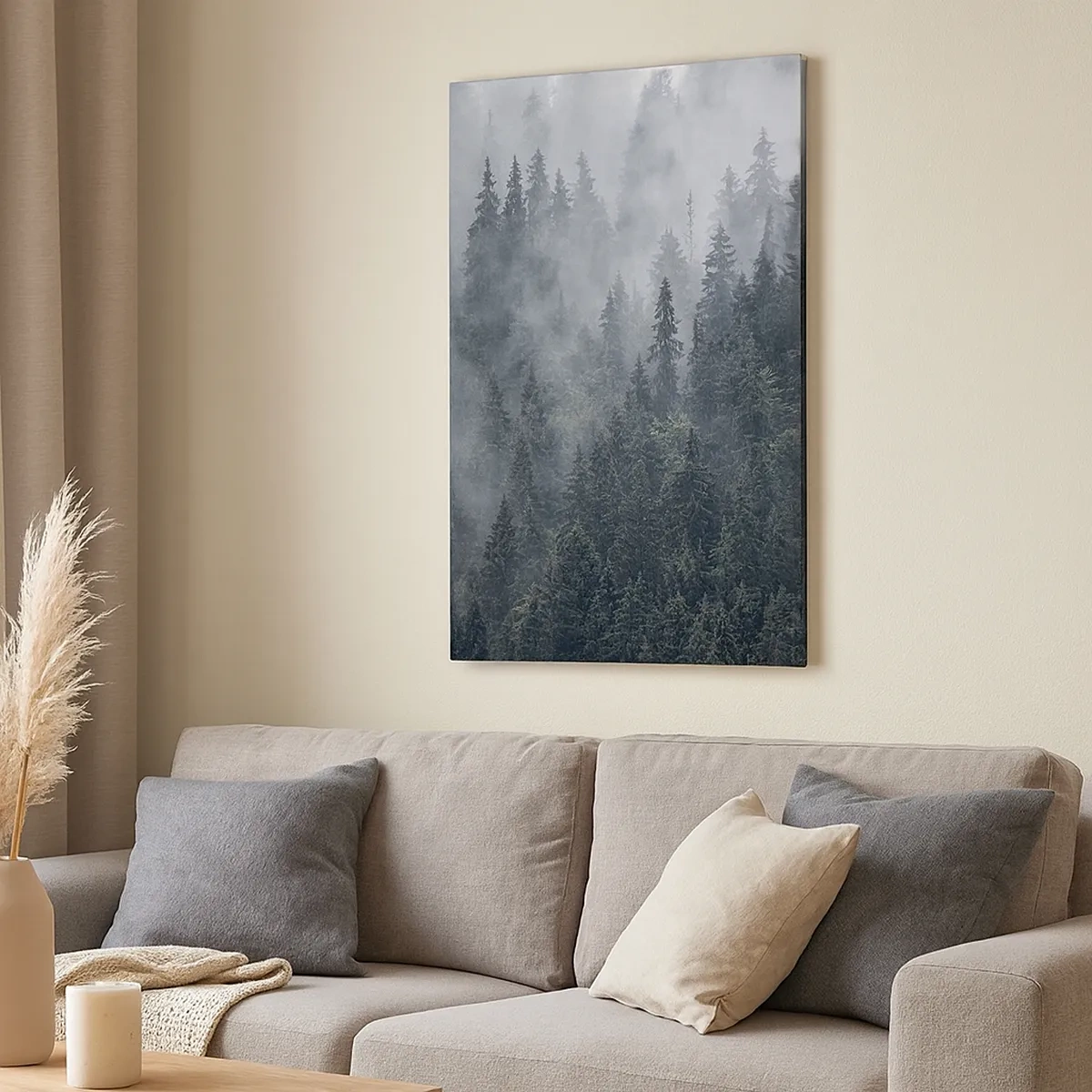 Impression sur toile - Image sur toile - Forêt de conifères brumeuse aux tons gris et verts - 50x70cm - Aube de la forêt - Décoration murale moderne pour le salon et la chambre ARTTOR