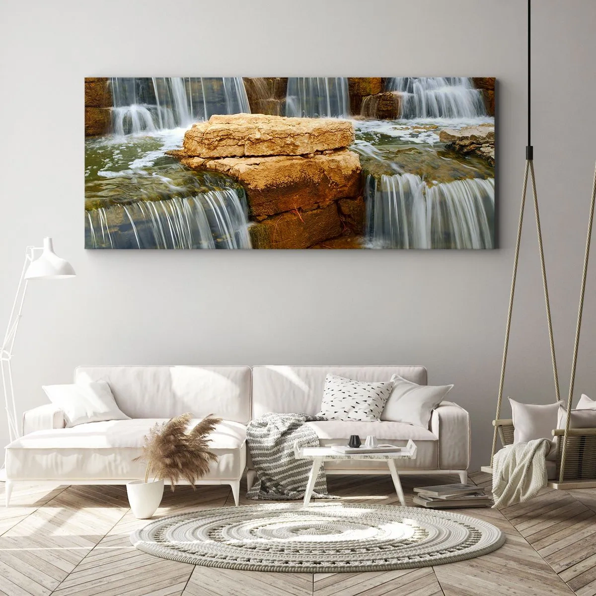 Impression sur toile - Image sur toile - Une cascade qui coule sur des marches de pierre - 120x50cm - Escalier vers le ciel - Décoration murale moderne pour le salon et la chambre ARTTOR