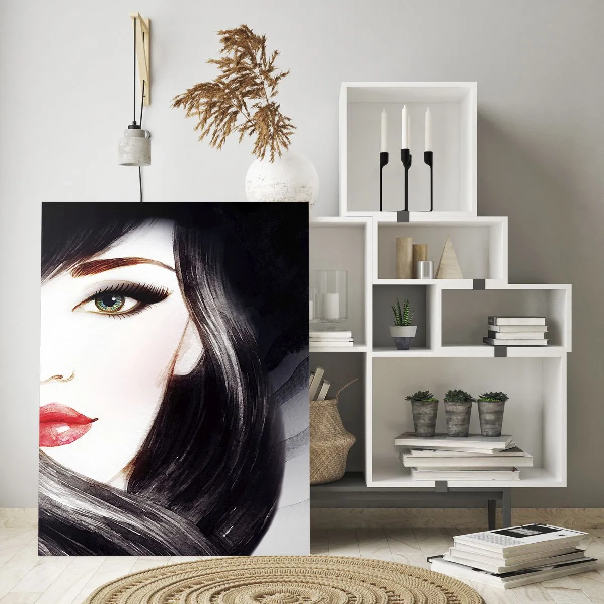 Impression sur verre - Image sur verre - Portrait d'une femme aux cheveux noirs et aux lèvres rouges expressives - 50x70cm - Aspect saphir - Décoration murale moderne pour le salon et la chambre ARTTOR