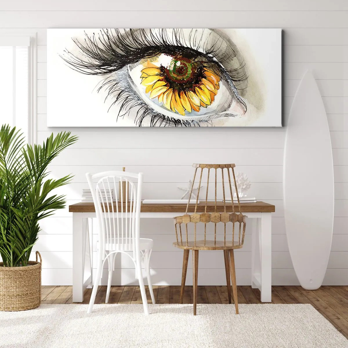 Impression sur toile - Image sur toile - Œil artistique avec un iris en forme de tournesol - 140x50cm - Un look aussi chaud que l'été - Décoration murale moderne pour le salon et la chambre ARTTOR