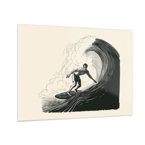 Impression sur verre - Image sur verre - Surfeur chevauchant une haute vague dans un style de dessin rétro - 70x50cm - Le roi de la vague - Décoration murale moderne pour le salon et la chambre ARTTOR