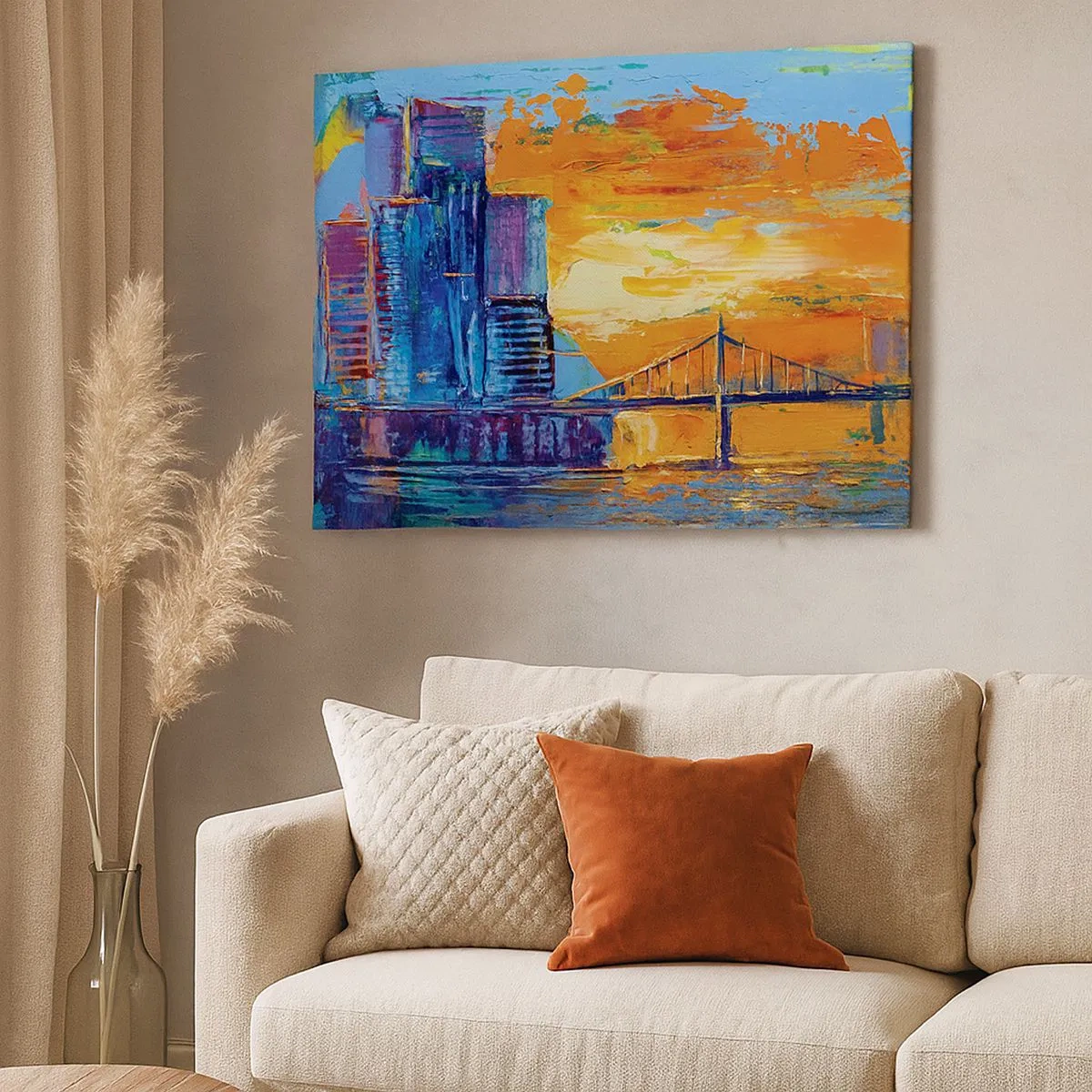 Impression sur toile - Image sur toile - Une ville colorée avec un pont au soleil couchant - 70x50cm - Culture et nature - Décoration murale moderne pour le salon et la chambre ARTTOR