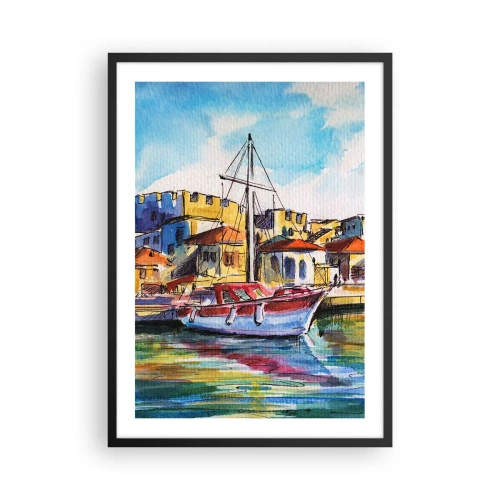 Affiche dans un cadre noir - Poster - Une aquarelle colorée d'un yacht dans une ville balnéaire - 50x70cm - Après-midi arc-en-ciel - Décoration murale moderne pour le salon et la chambre ARTTOR