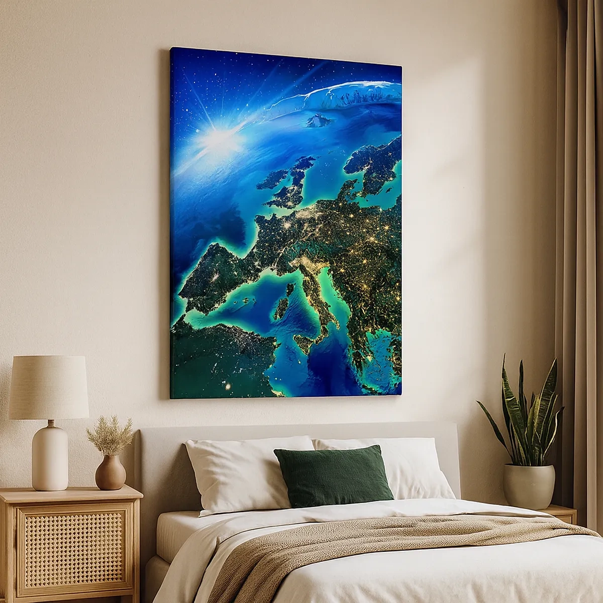Impression sur toile - Image sur toile - Une vue d'Europe depuis l'espace à la lueur du soleil levant. - 50x70cm - Europe pétillante - Décoration murale moderne pour le salon et la chambre ARTTOR