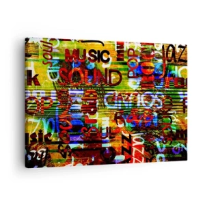 Impression sur toile - Image sur toile - Abstraction colorée avec des inscriptions musicales dans un style pop art - 70x50cm - Toutes les nuances du son - Décoration murale moderne pour le salon et la chambre ARTTOR