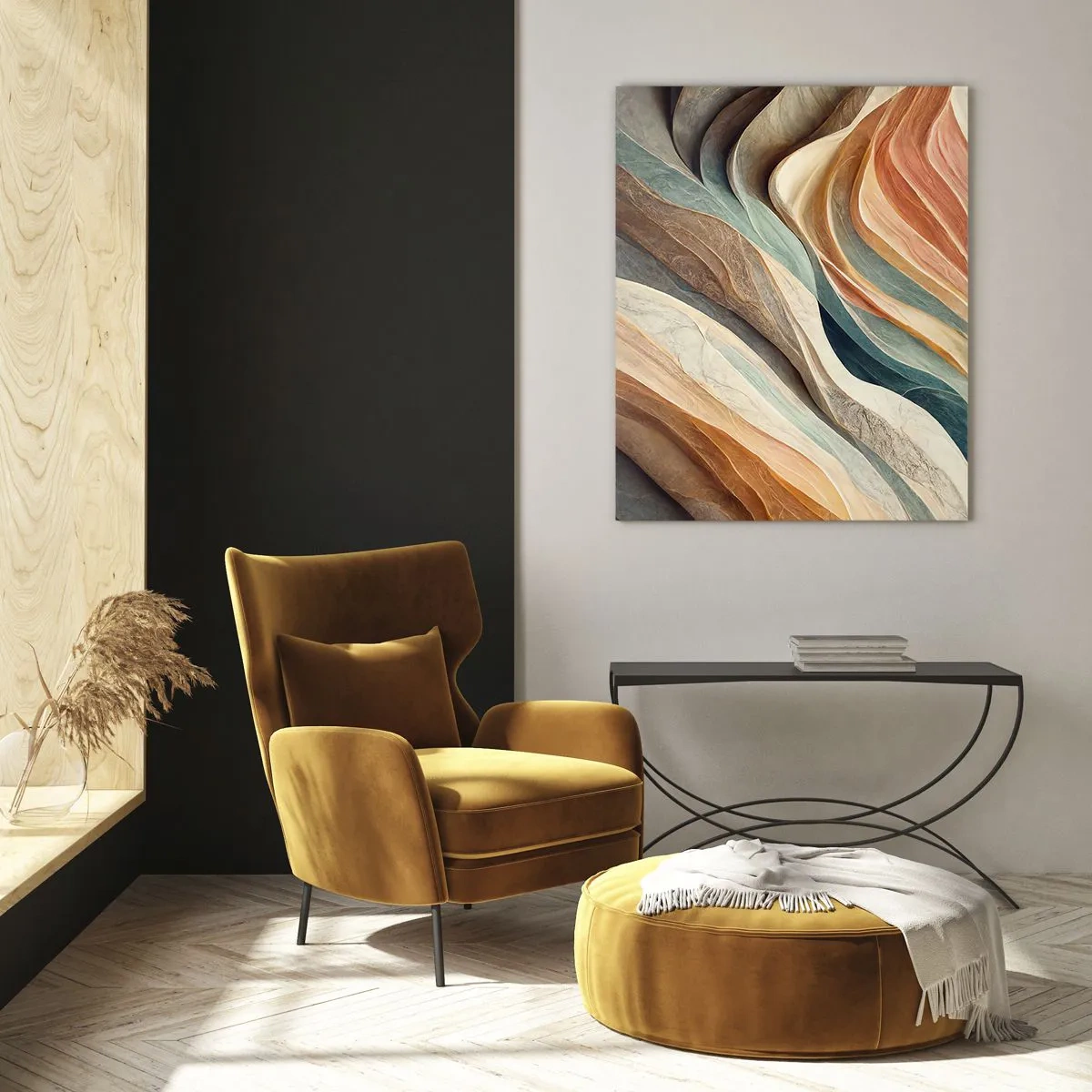 Impression sur verre - Image sur verre - Couches colorées ressemblant à des plis de roche et de sable - 50x70cm - Le moment avant le changement - Décoration murale moderne pour le salon et la chambre ARTTOR