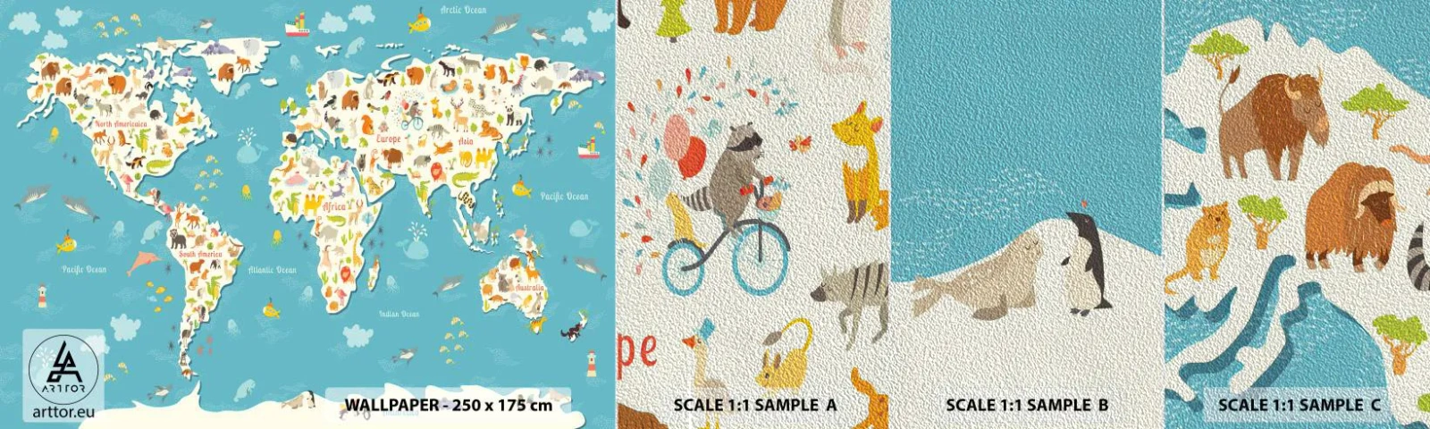 Échantillon de Papier Peint Premium Sand - Nous aimons le monde entier - Carte du monde, Animaux, Pour les enfants - 100x30 cm