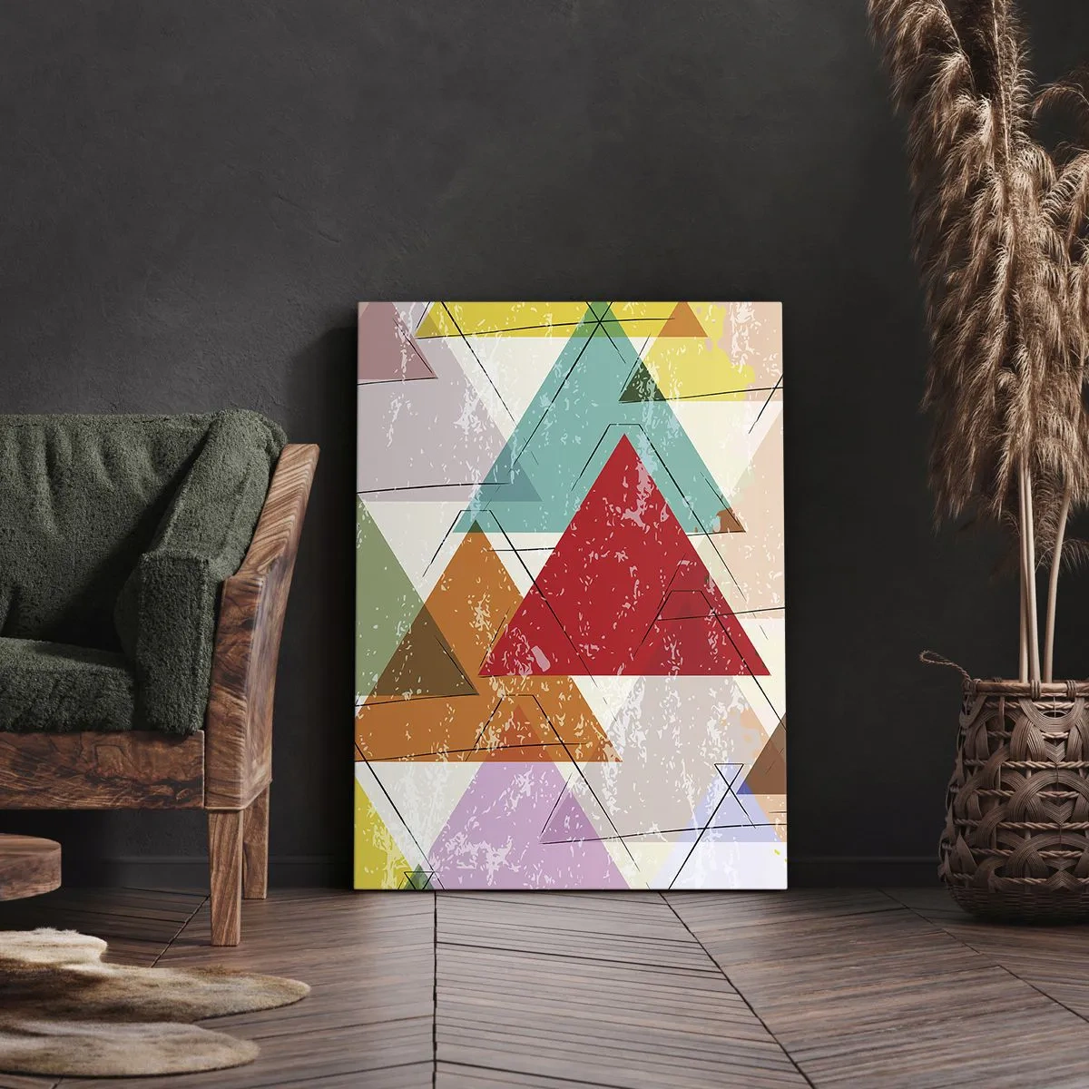 Impression sur toile - Image sur toile - Abstraction colorée avec des triangles géométriques - 50x70cm - Trois par trois - Décoration murale moderne pour le salon et la chambre ARTTOR