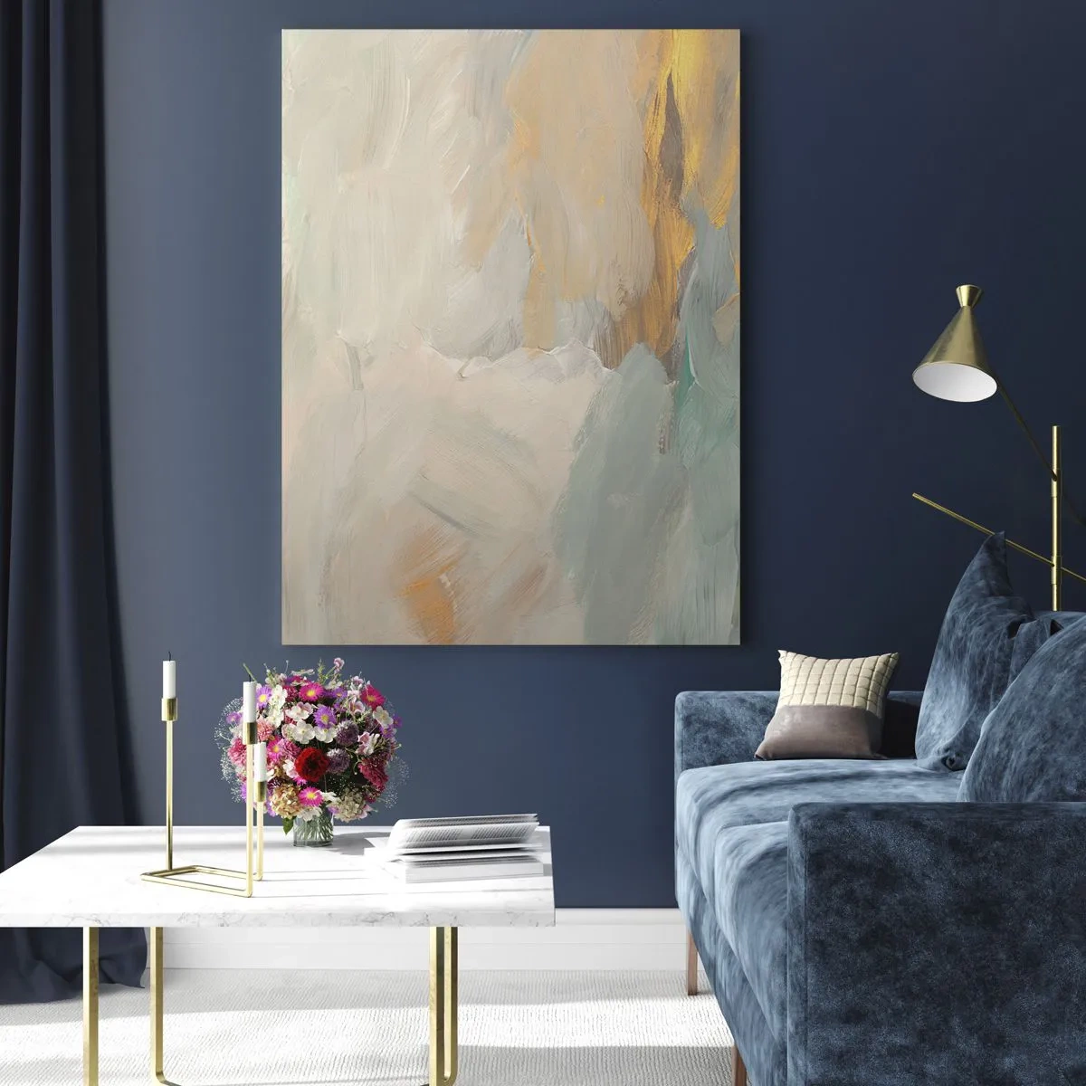 Impression sur verre - Image sur verre - Traits abstraits délicats dans des tons de blanc et d'or - 80x120cm - Abstraction – le pays de la douceur - Décoration murale moderne pour le salon et la chambre ARTTOR