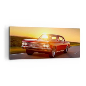 Impression sur toile - Image sur toile - Une voiture rouge au soleil couchant sur une route ouverte - 120x50cm - Le désir est de couleur rouge - Décoration murale moderne pour le salon et la chambre ARTTOR