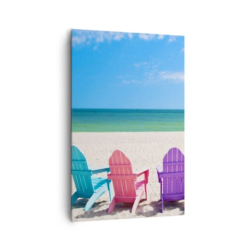 Impression sur toile - Image sur toile - Chaises longues colorées sur la plage avec vue sur la mer - 80x120cm - Plage arc-en-ciel - Décoration murale moderne pour le salon et la chambre ARTTOR