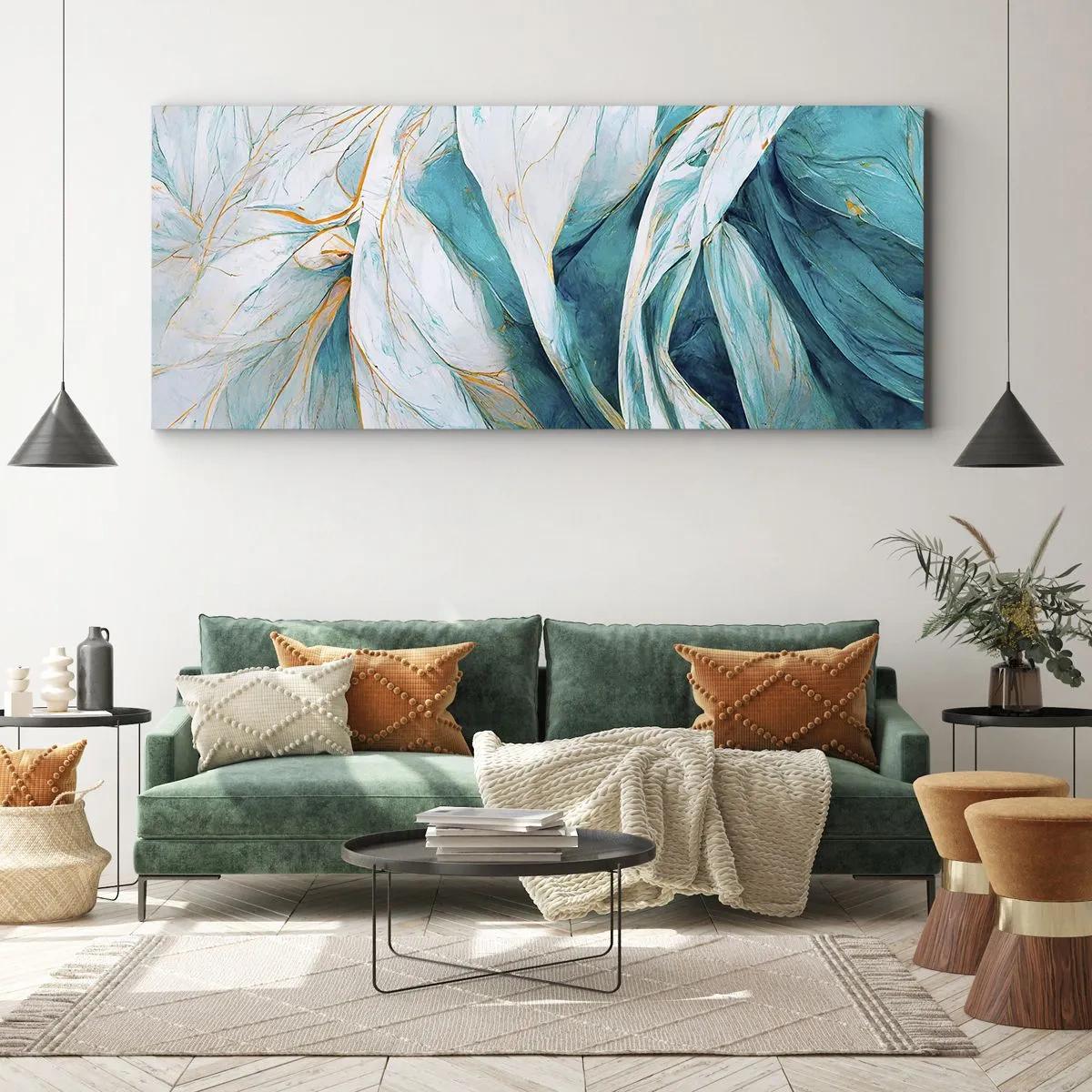 Impression sur toile - Image sur toile - Feuilles bleues abstraites avec des détails dorés - 160x50cm - Abstraction bleue avec un motif doré - Décoration murale moderne pour le salon et la chambre ARTTOR