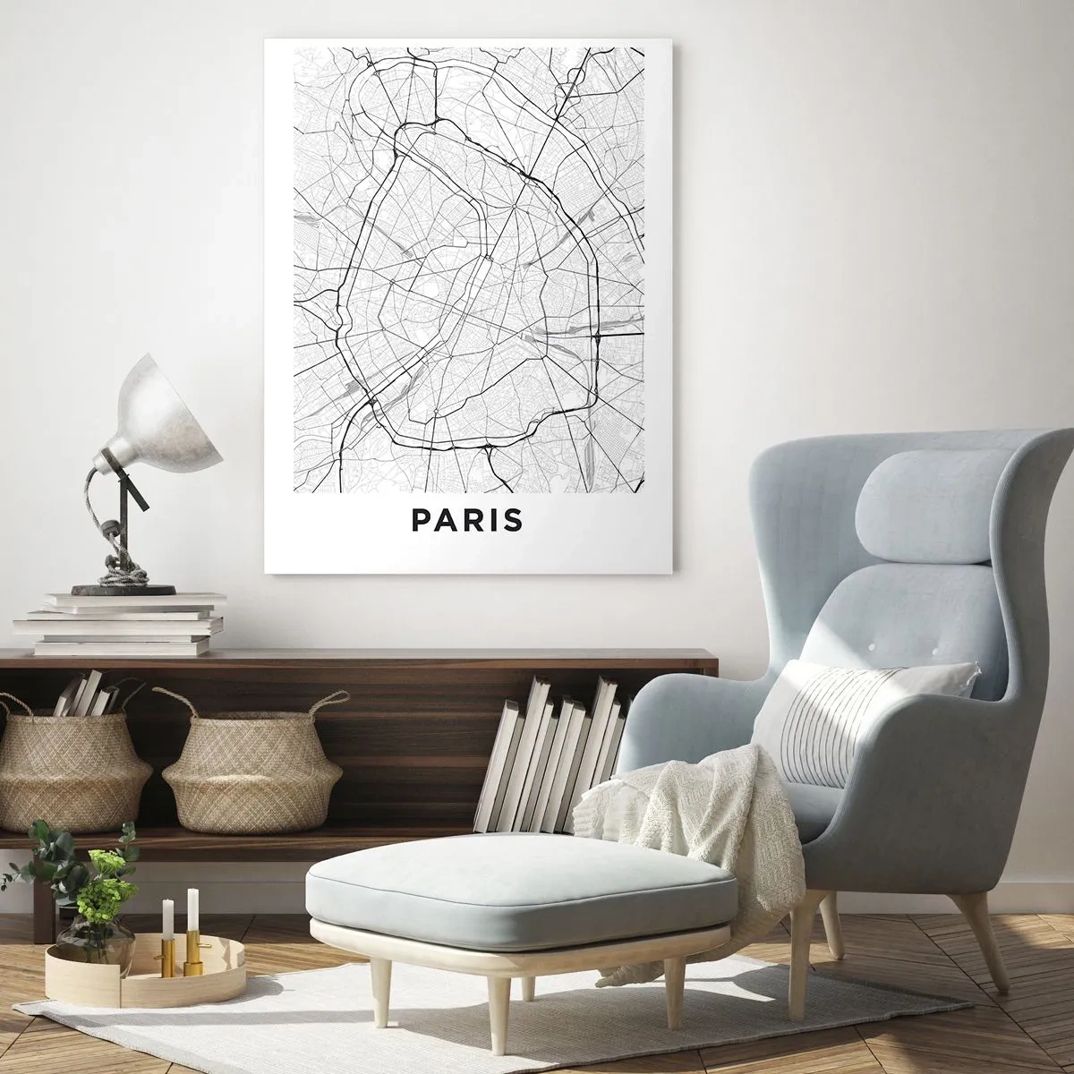 Impression sur verre - Image sur verre - Plan de la ville en noir et blanc avec quadrillage des rues et artères circulaires - 50x70cm - Fleur de Paris - Décoration murale moderne pour le salon et la chambre ARTTOR