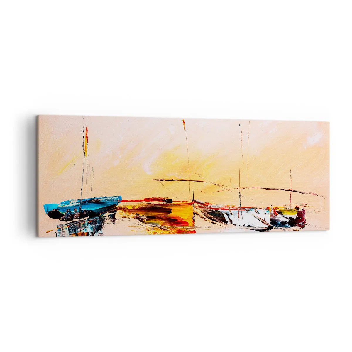 Impression sur toile - Image sur toile - Bateaux colorés sur une eau calme au coucher du soleil - 140x50cm - Soirée à la marina - Décoration murale moderne pour le salon et la chambre ARTTOR