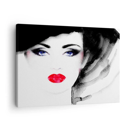 Impression sur toile - Image sur toile - Portrait d'une femme aux lèvres rouges et aux yeux bleus intenses - 70x50cm - Elle repousse et attire - Décoration murale moderne pour le salon et la chambre ARTTOR