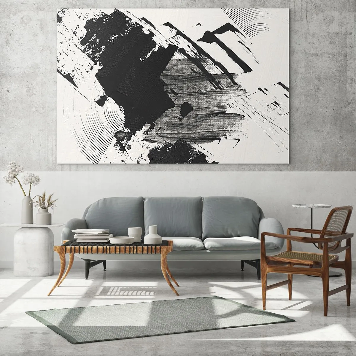 Impression sur verre - Image sur verre - Abstraction expressive en noir et blanc avec des traits dynamiques. - 70x50cm - Abstraction – expression du noir - Décoration murale moderne pour le salon et la chambre ARTTOR