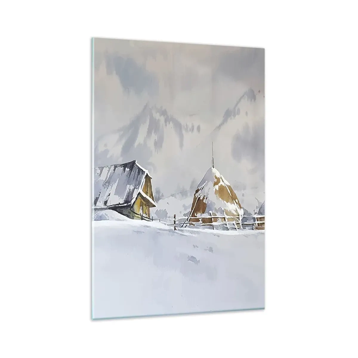 Impression sur verre - Image sur verre - Paysage d'hiver avec un chalet et des meules de foin dans les montagnes - 80x120cm - Dans une vallée enneigée - Décoration murale moderne pour le salon et la chambre ARTTOR