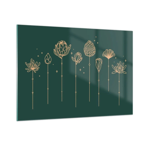Impression sur verre - Image sur verre - Contours dorés d'herbes et de fleurs sur un fond vert foncé - 100x70cm - La famille Plante - Décoration murale moderne pour le salon et la chambre ARTTOR