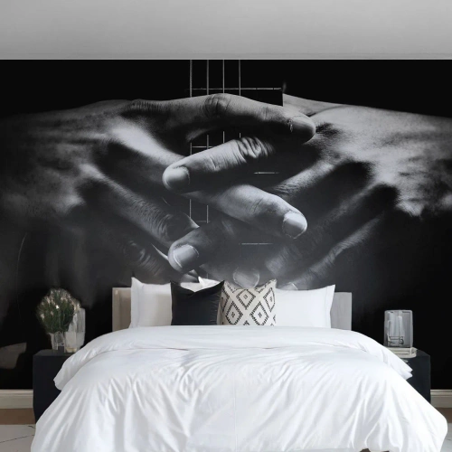 Papier Peint Photo Premium Sand - Mains en coupe sur un manche de guitare en noir et blanc - 100x70cm - Prière d'artiste - Décoration murale moderne pour le salon et la chambre ARTTOR