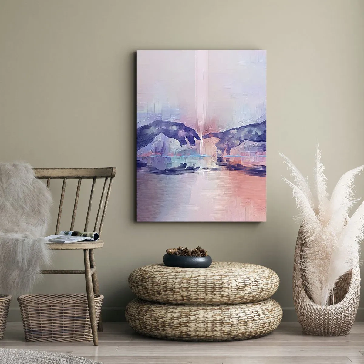 Impression sur toile - Image sur toile - Mains symboliques aux couleurs abstraites, faisant référence au thème de la création - 50x70cm - Divine étincelle de vie - Décoration murale moderne pour le salon et la chambre ARTTOR