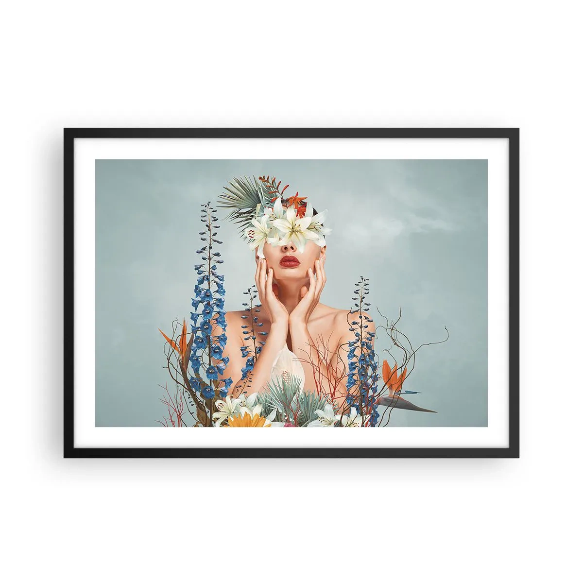 Affiche dans un cadre noir - Poster - Portrait d'une femme avec un motif floral sur fond bleu - 70x50cm - Femme - fleur - Décoration murale moderne pour le salon et la chambre ARTTOR