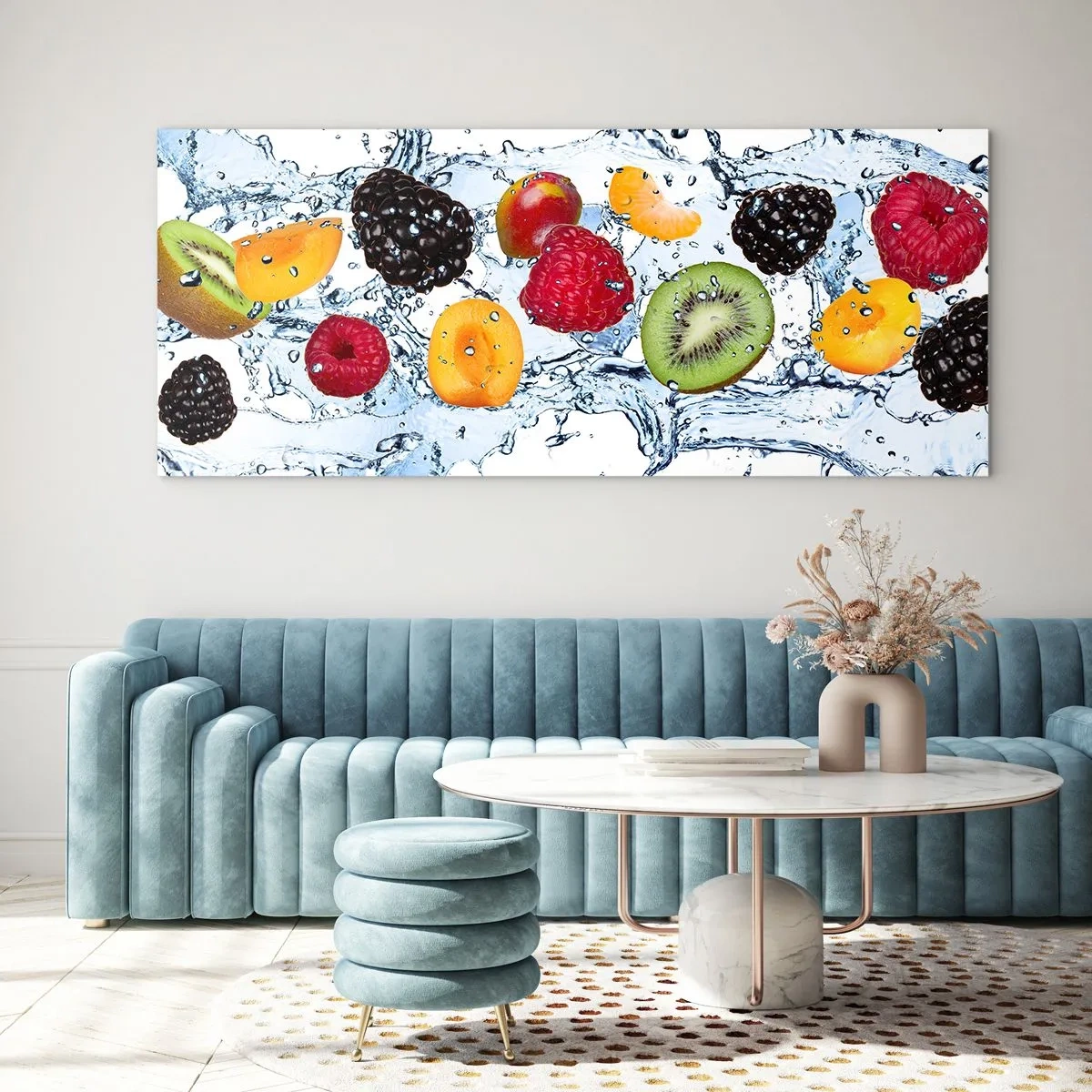 Impression sur verre - Image sur verre - Fruits colorés immergés dans des éclaboussures d'eau sur un fond blanc - 120x50cm - Amusez-vous avec nous - Décoration murale moderne pour le salon et la chambre ARTTOR