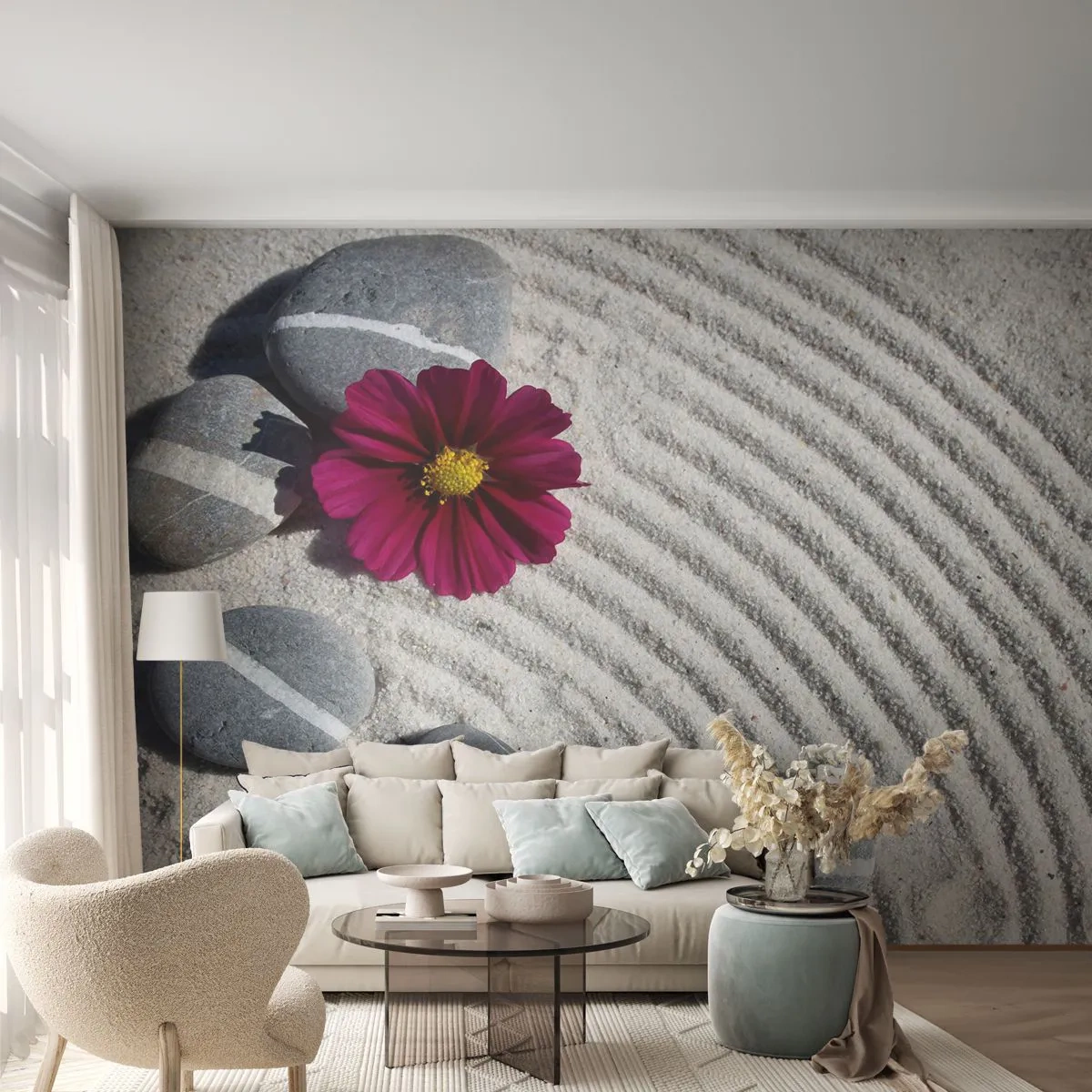 Papier Peint Photo Premium Sand - Énergie et paix du cercle magique de la nature - Fleurs, Sable, Des pierres - 400x280 cm