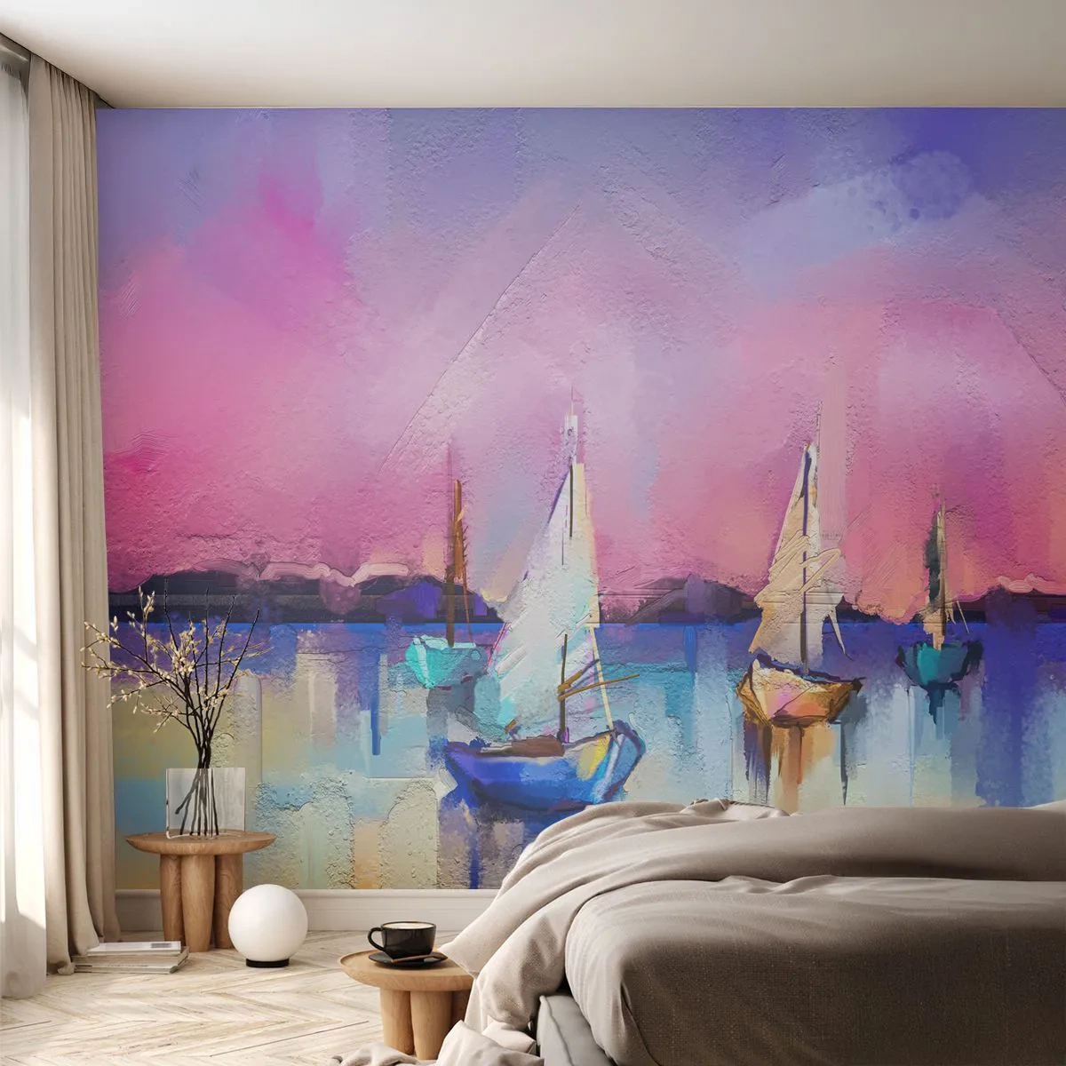 Papier Peint Photo Standard Eco - Voiliers sur une eau calme aux tons impressionnistes - 100x70cm - Direction: les eaux larges - Décoration murale moderne pour le salon et la chambre ARTTOR