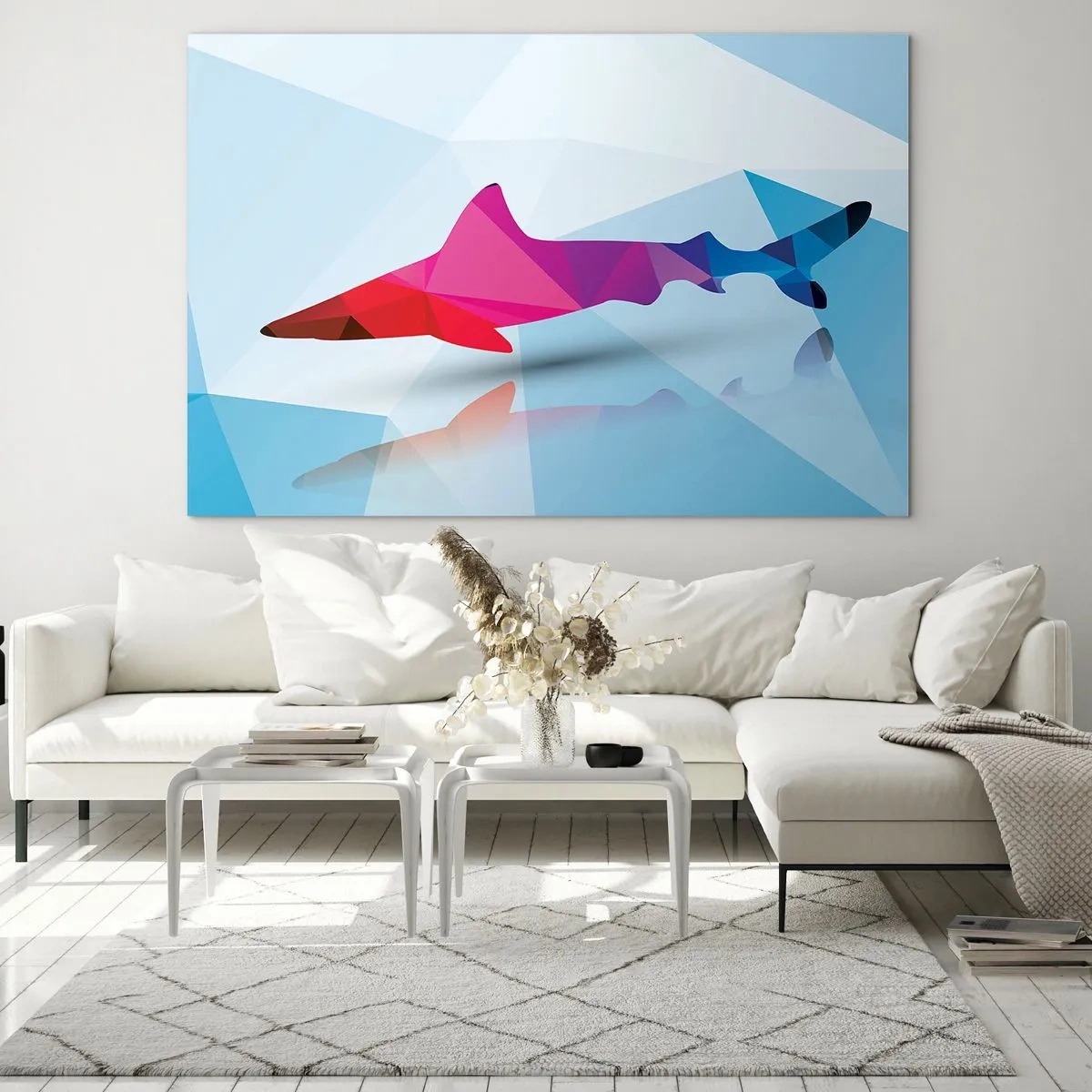 Impression sur verre - Image sur verre - Requin géométrique dans les tons de rouge et de bleu - 100x70cm - Un requin dans un espace de cristal - Décoration murale moderne pour le salon et la chambre ARTTOR