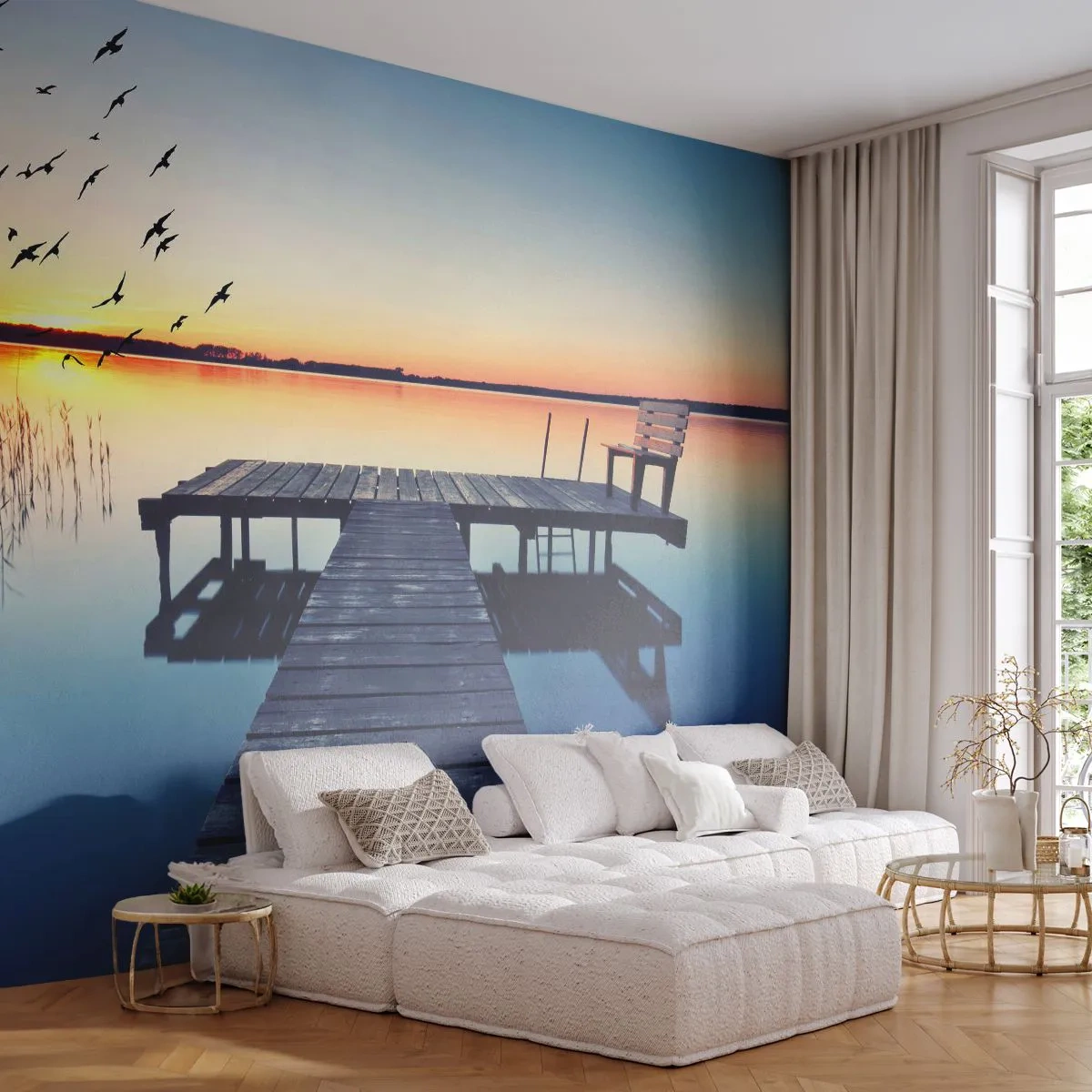 Papier Peint Photo Premium Sand - C'était une bonne journée - Paysage, Lac, Pont de bois - 200x140 cm