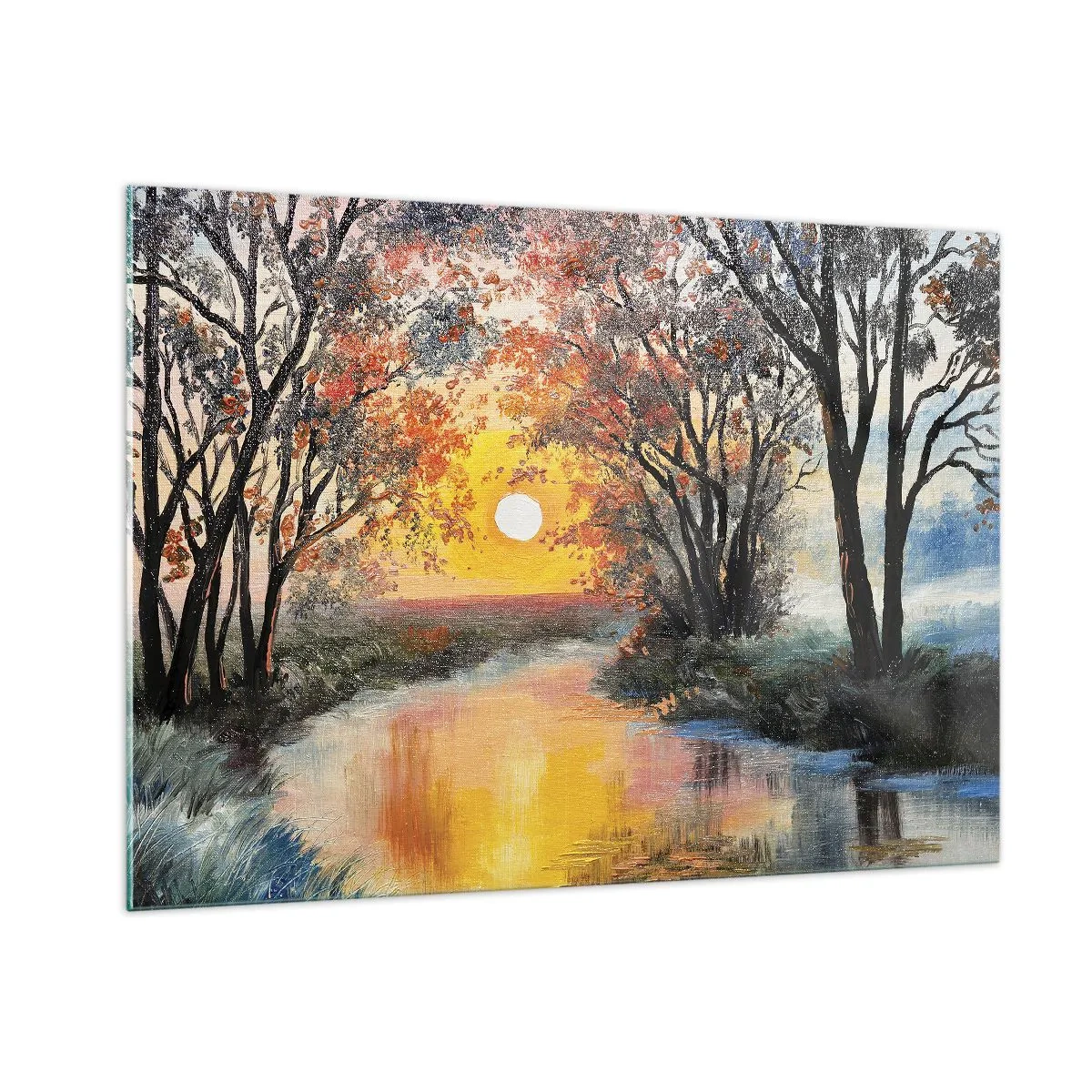 Impression sur verre - Image sur verre - Coucher de soleil sur la rivière parmi les arbres - 100x70cm - Climats de printemps - Décoration murale moderne pour le salon et la chambre ARTTOR