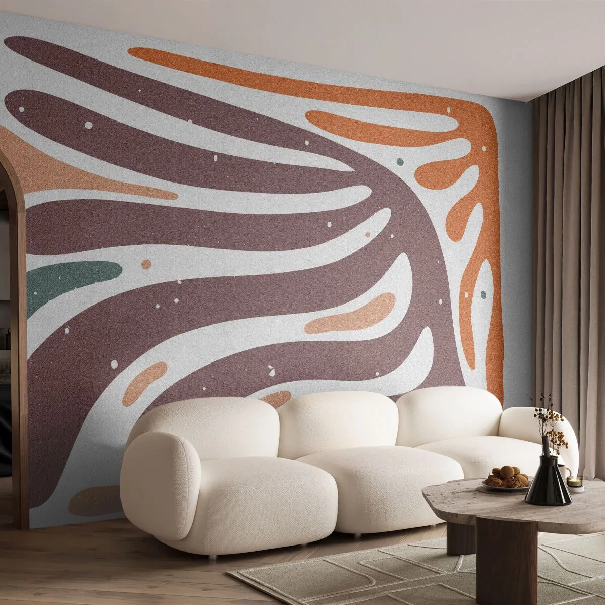 Papier Peint Photo Premium Sand - Vagues abstraites dans les tons de marron, orange et vert - 100x70cm - Composition organique rayonnante - Décoration murale moderne pour le salon et la chambre ARTTOR