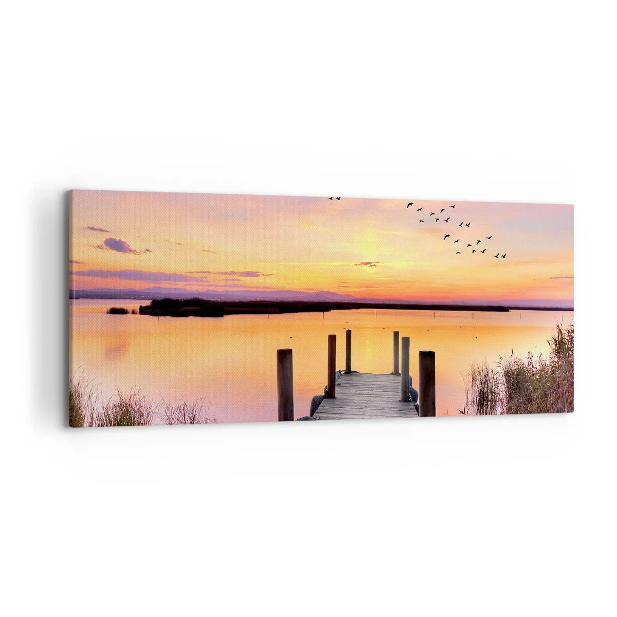 Impression sur toile - Image sur toile - Une jetée sur un lac au coucher du soleil avec des oiseaux dans le ciel - 120x50cm - Aube silencieuse violette - Décoration murale moderne pour le salon et la chambre ARTTOR