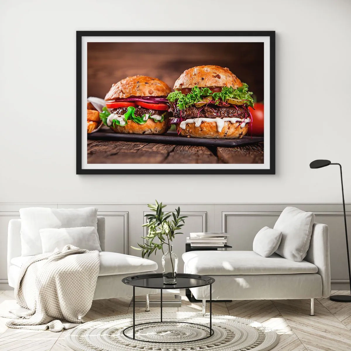 Affiche dans un cadre noir - Poster - Burgers appétissants avec légumes et sauce - 70x50cm - American dream - Décoration murale moderne pour le salon et la chambre ARTTOR