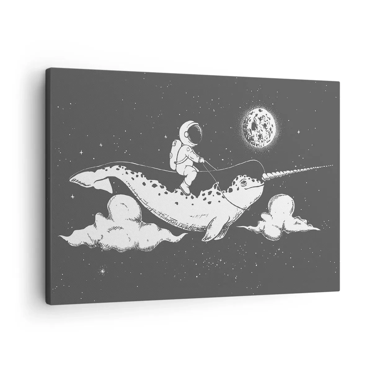 Impression sur toile - Image sur toile - Un astronaute sur le dos d'un narval flottant dans une scène spatiale. - 70x50cm - Cavalier de l'espace - Décoration murale moderne pour le salon et la chambre ARTTOR