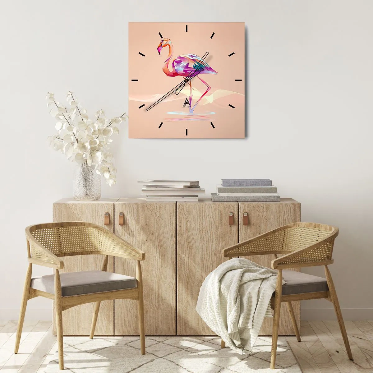 Horloge murale - Pendule murale - Un flamant rose abstrait aux couleurs claires et pastel. - 30x30cm - L'oiseau des bonnes émotions - Décoration murale moderne pour le salon et la chambre ARTTOR