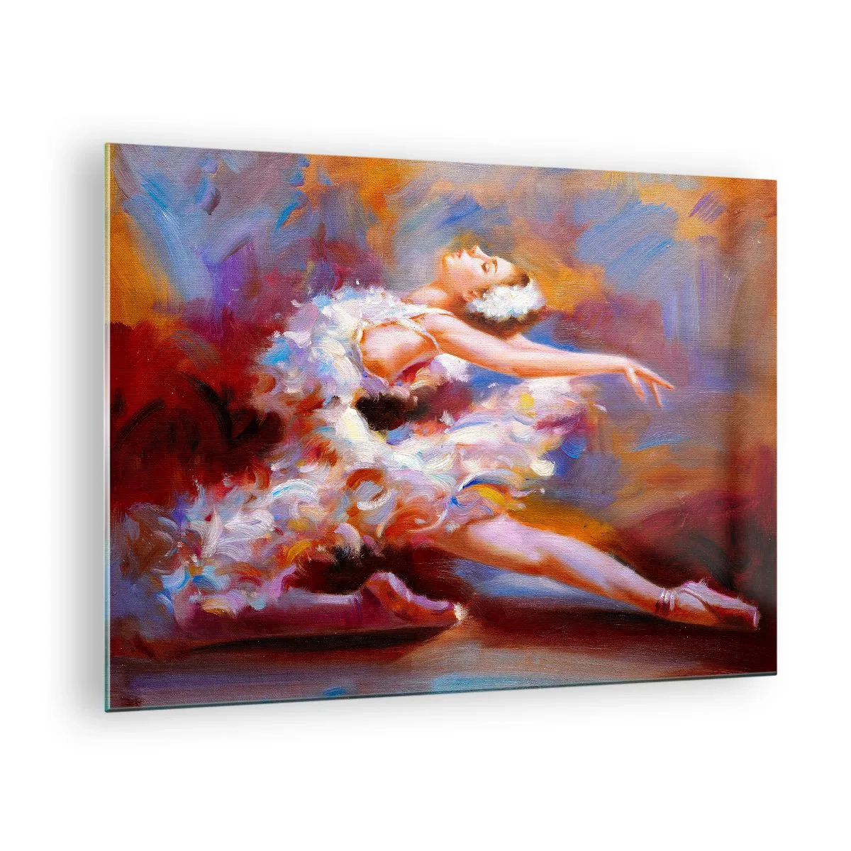 Impression sur verre - Image sur verre - Une ballerine dans une pose dynamique sur un fond de couleurs abstraites. - 70x50cm - La grâce du cygne - Décoration murale moderne pour le salon et la chambre ARTTOR