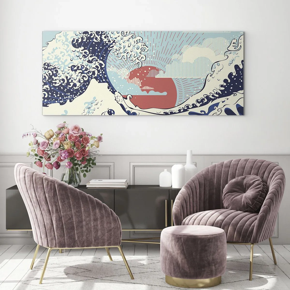 Impression sur verre - Image sur verre - Vagues de l'océan et coucher de soleil à la japonaise - 120x50cm - D'une inspiration japonnaise - Décoration murale moderne pour le salon et la chambre ARTTOR