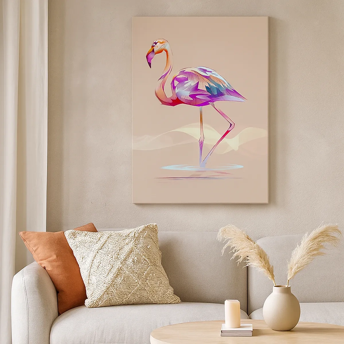Impression sur toile - Image sur toile - Un flamant rose abstrait aux couleurs claires et pastel. - 50x70cm - L'oiseau des bonnes émotions - Décoration murale moderne pour le salon et la chambre ARTTOR