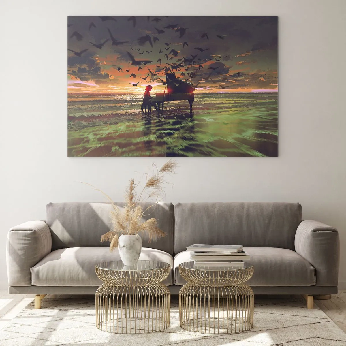 Impression sur verre - Image sur verre - Pianiste jouant du piano sur la plage au coucher du soleil - 70x50cm - Concert pour piano et vagues - Décoration murale moderne pour le salon et la chambre ARTTOR