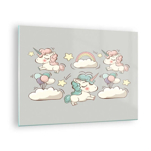 Impression sur verre - Image sur verre - De jolies licornes dans les nuages avec un arc-en-ciel et des ballons - 70x50cm - Ils existe, c'est sûr… - Décoration murale moderne pour le salon et la chambre ARTTOR